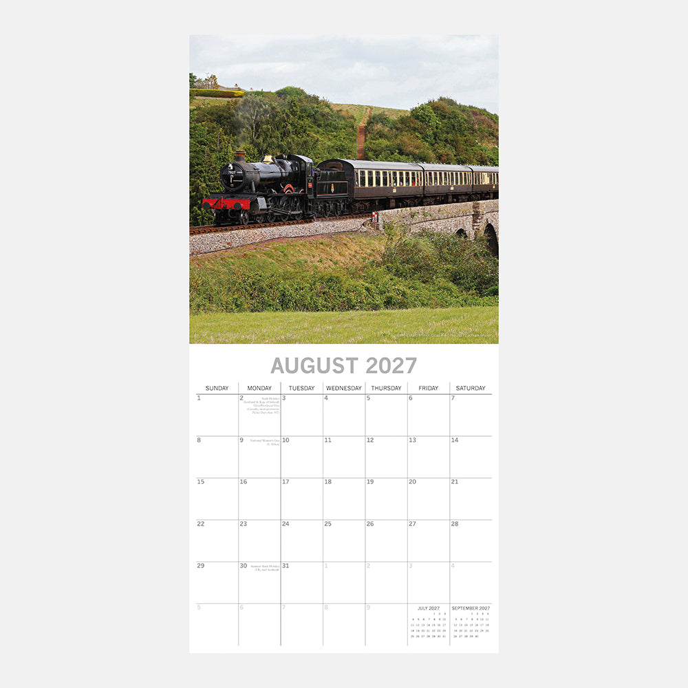 Steam Trains 2027 Square Wall Calendar – August 2027 page featuring a steam locomotive crossing a stone viaduct through green countryside