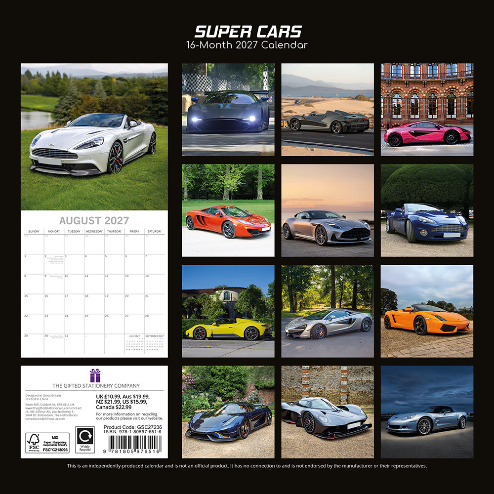 Super Cars 2027 Square Wall Calendar - Back cover showing 16-month thumbnail grid of exotic supercar photography including McLaren, Lamborghini and Aston Martin