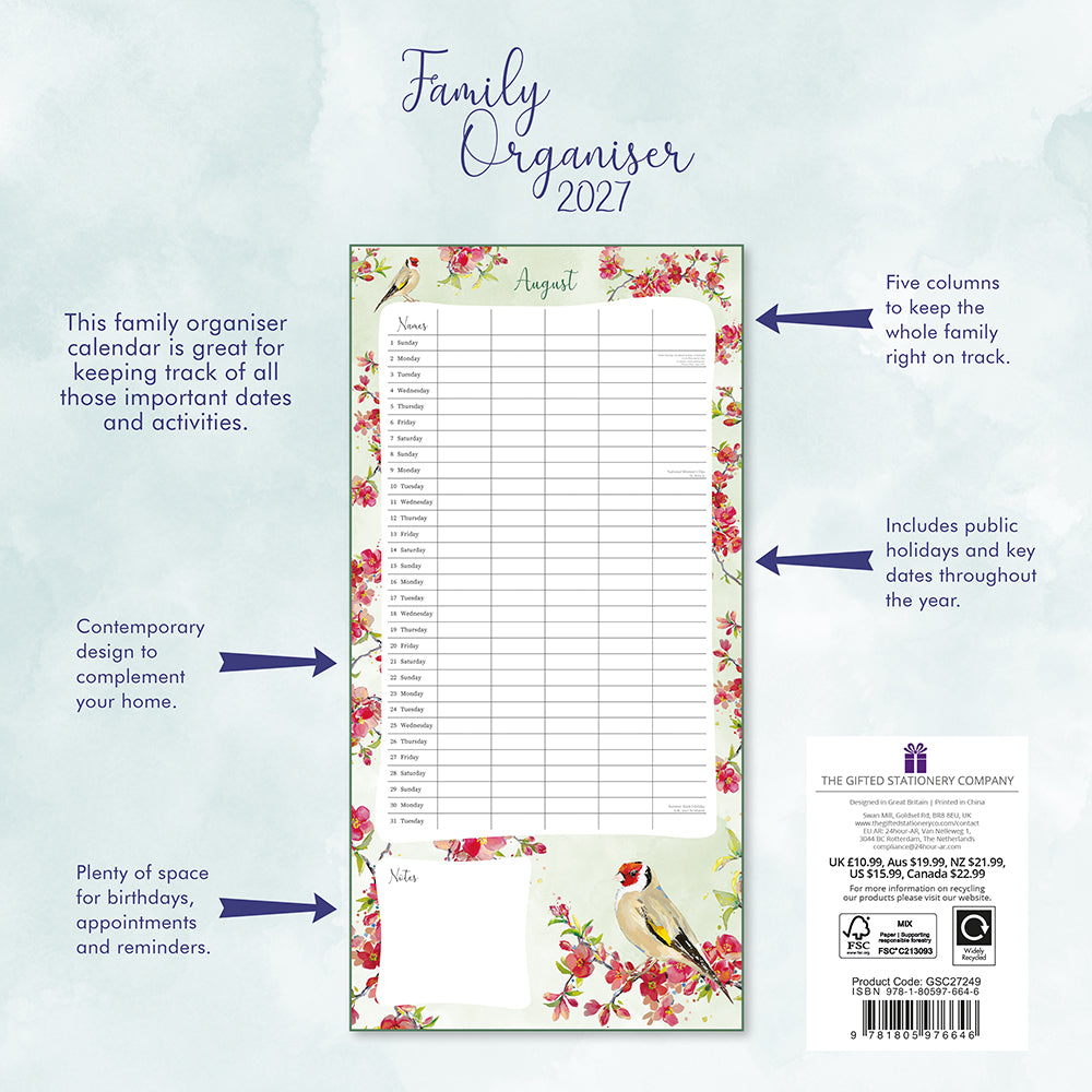 Birdsong 2027 Family Organiser Calendar – back cover showing August layout with five named columns, notes section, and Goldfinch illustration with product details