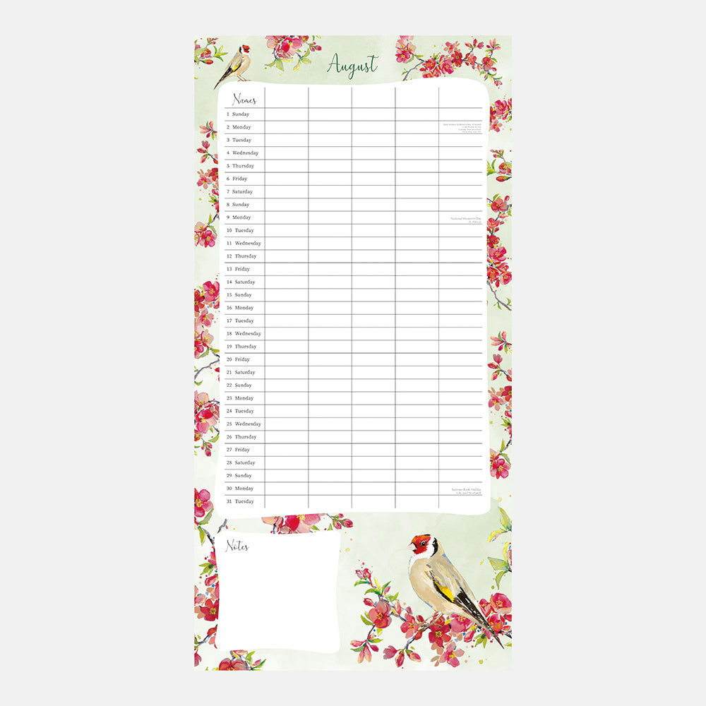 Birdsong 2027 Family Organiser Calendar – August 2027 full page spread with five-column day-per-row layout, Goldfinch watercolour art and pink blossom border