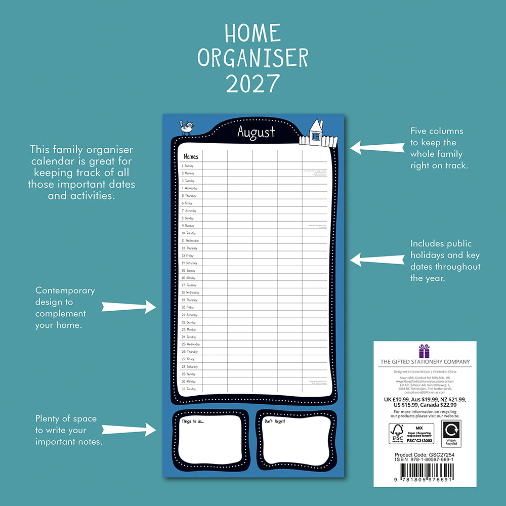 Home Organiser 2027 Square Wall Calendar – back cover showing August 2027 5-column family organiser layout with Things to do and Don't forget sections on teal background