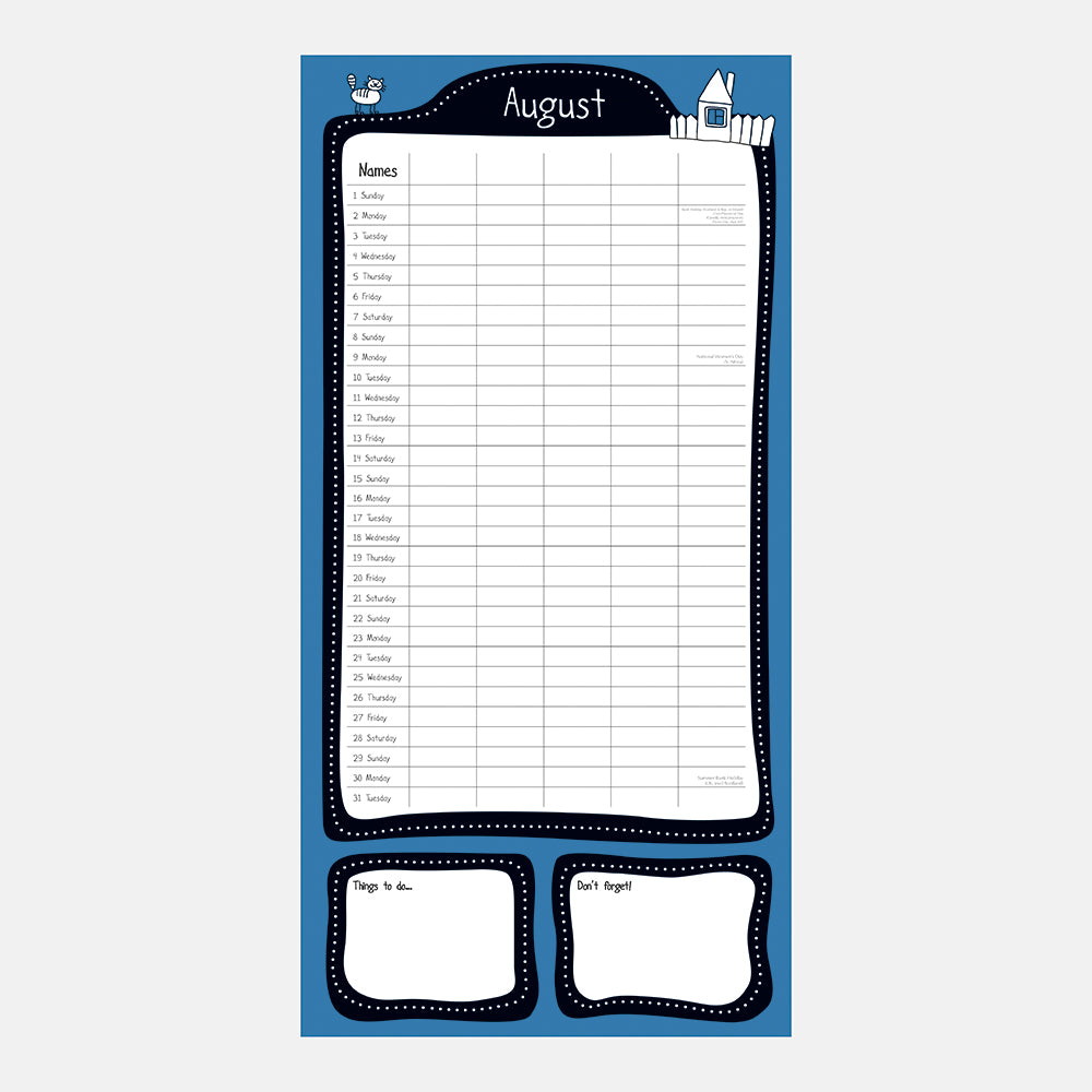 Home Organiser 2027 Square Wall Calendar – August 2027 page showing 5-column Names grid with daily rows and Things to do and Don't forget note boxes on blue background