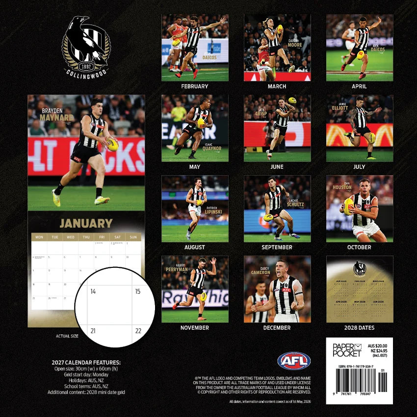 Collingwood Magpies 2027 calendar back cover showing monthly player images, specifications and ISBN 9781761793387