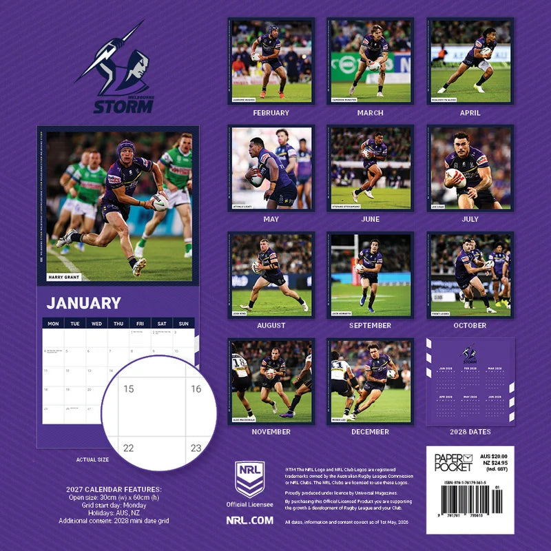 Melbourne Storm 2027 calendar back cover showing monthly images and specifications