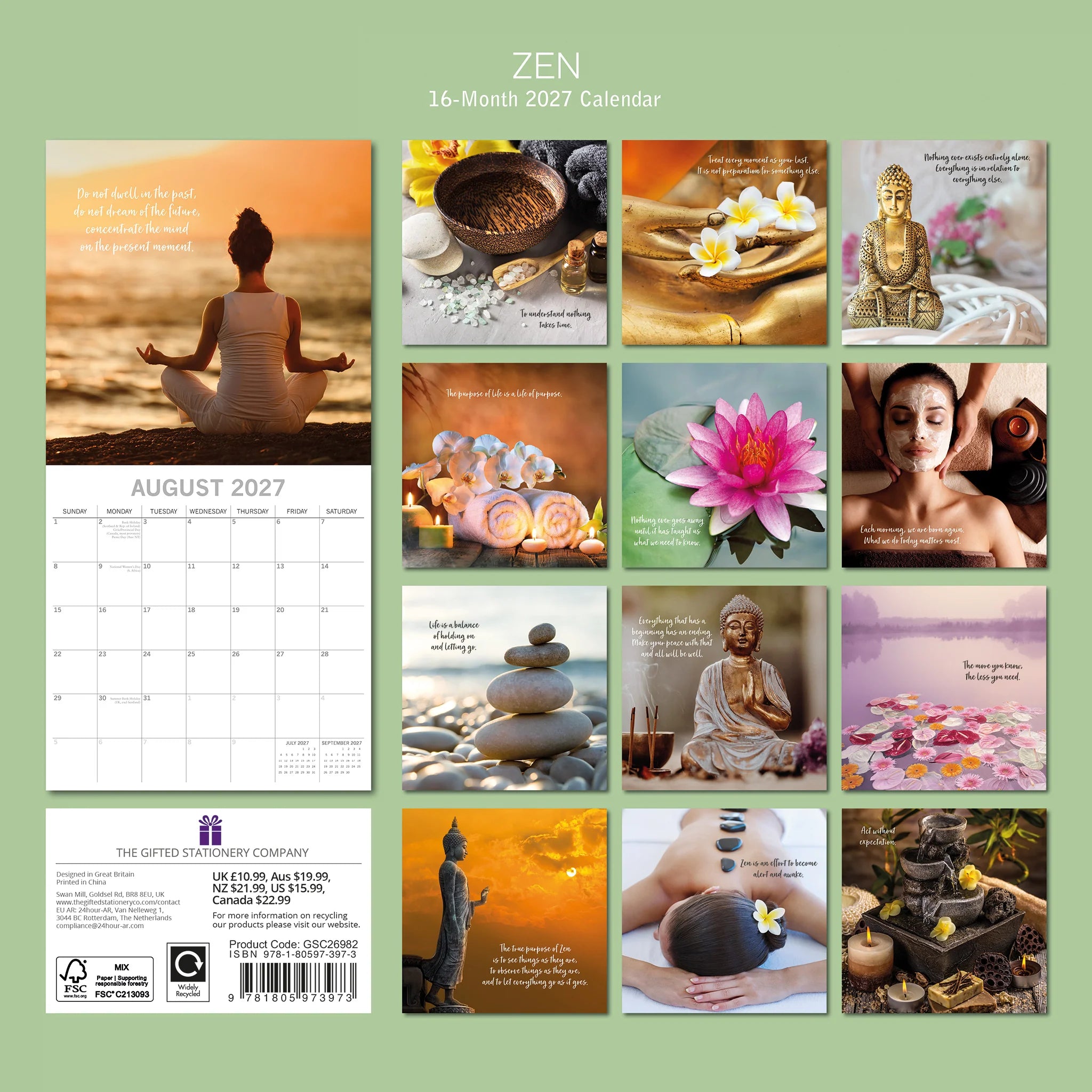 Zen 2027 Square Wall Calendar - Back cover showing 16-month thumbnail grid with Zen and spa imagery