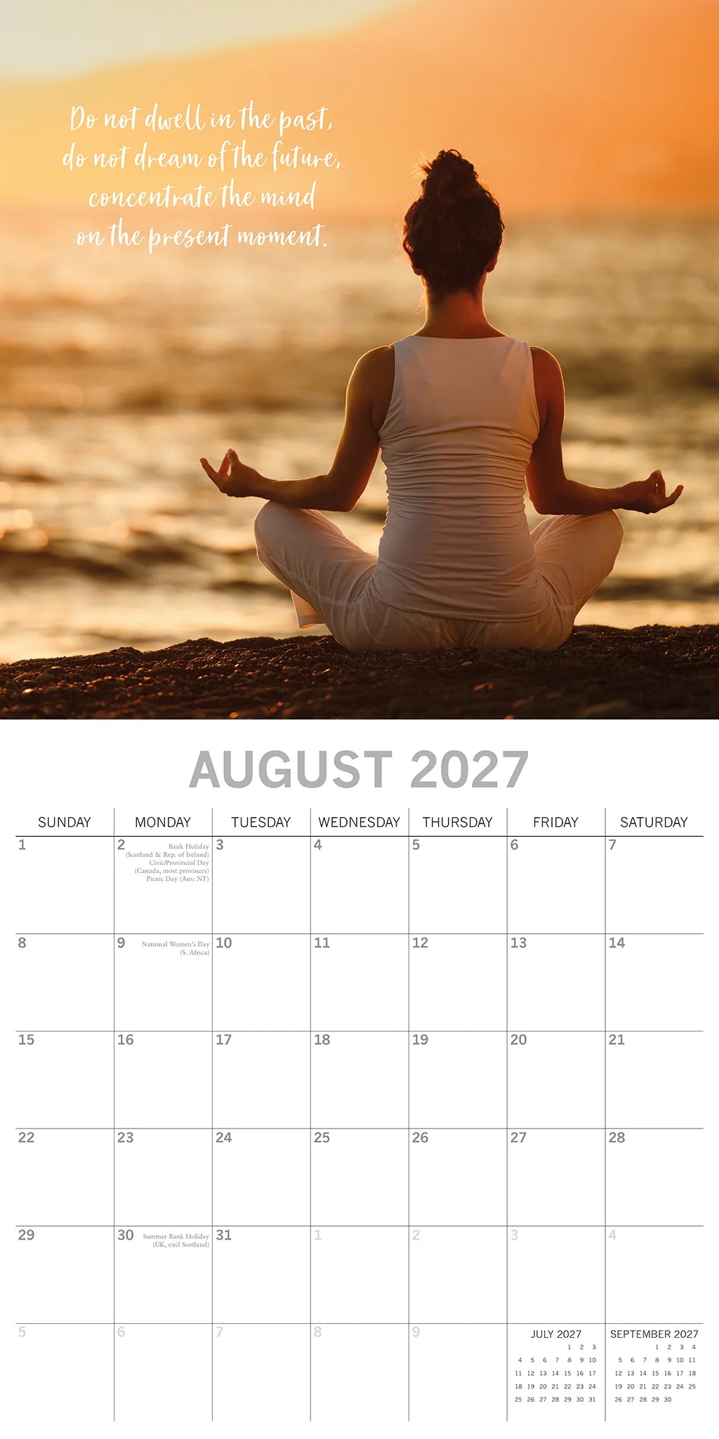 Zen 2027 Square Wall Calendar - August 2027 month page with woman meditating at sunset on beach