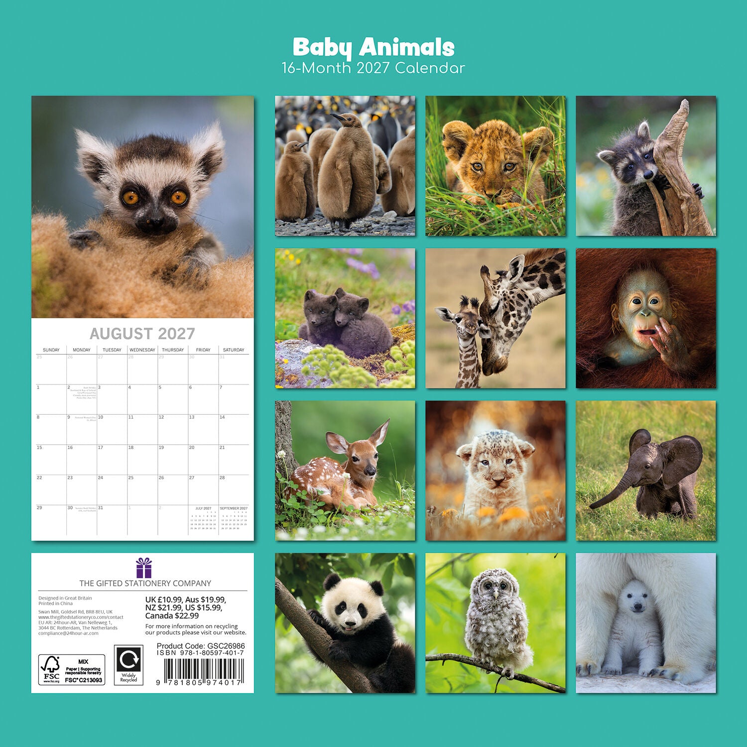 2027 Baby Animals Square Wall Calendar – back cover showing all monthly wildlife photos