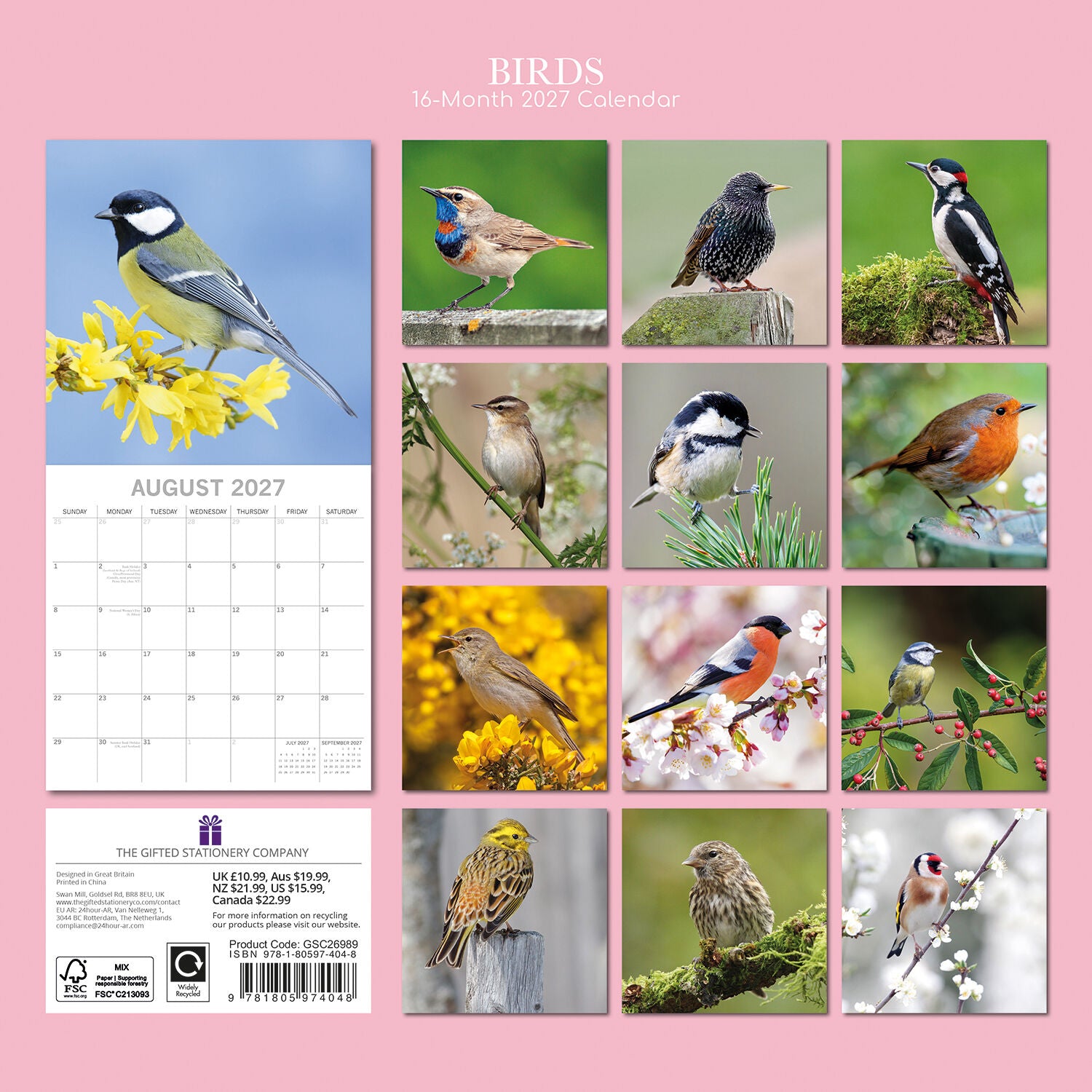 2027 Birds Square Wall Calendar – back cover showing all 16 monthly bird photos