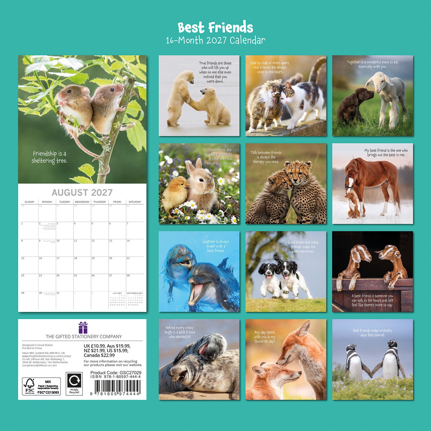 Best Friends 2027 Square Wall Calendar - Back cover showing 16-month thumbnail grid of animal friendship photography with friendship quotes