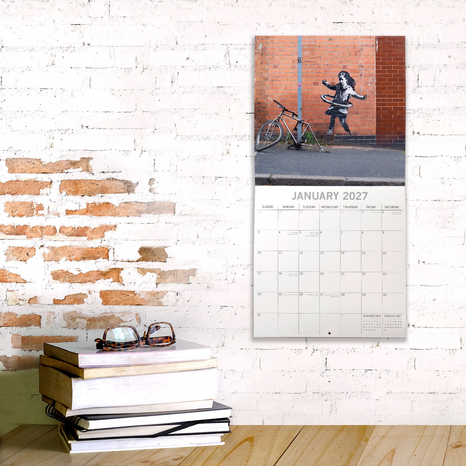 Urban Art Featuring Banksy 2027 Square Wall Calendar – front cover with Girl with Balloon