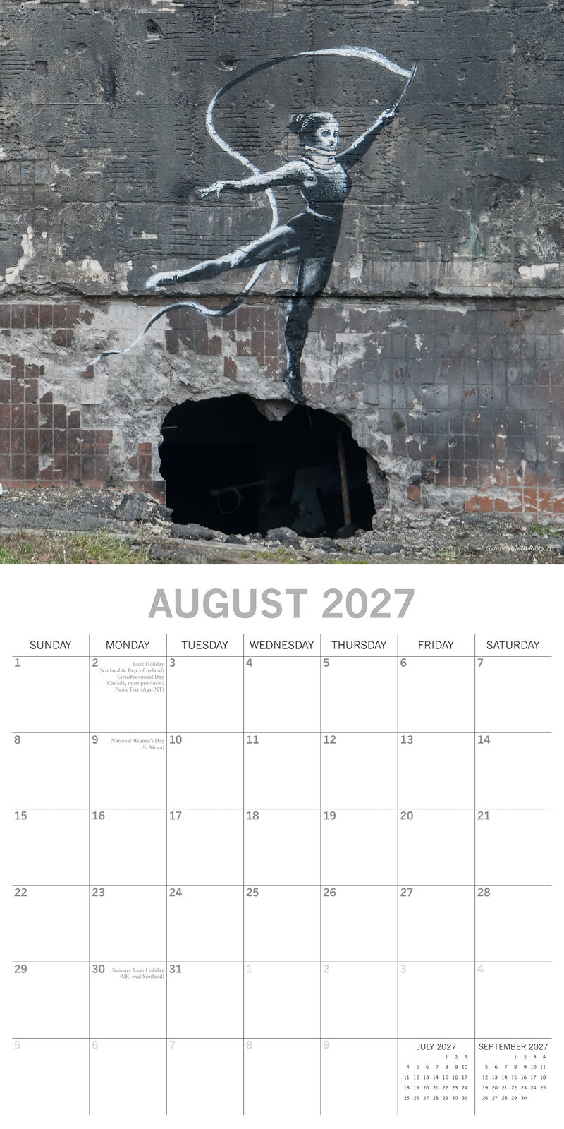 Urban Art Featuring Banksy 2027 Calendar – January 2027 lifestyle shot on brick wall featuring Hula Hoop Girl