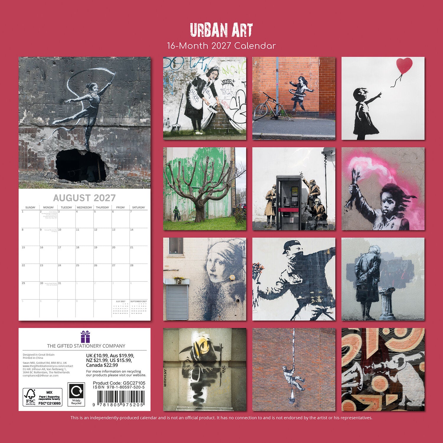 Urban Art Featuring Banksy 2027 Calendar – back cover showing all 16 monthly Banksy artwork thumbnails