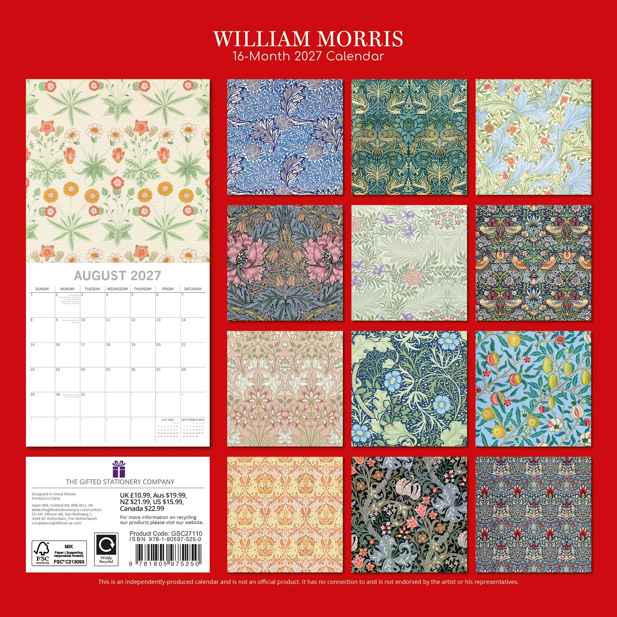 William Morris 2027 Calendar - back cover on red background showing all 16 monthly Morris designs including Marigold, Seaweed, Acanthus, Blackthorn, Fruit and Strawberry Thief patterns, product code GSC27110, ISBN 9781805975250