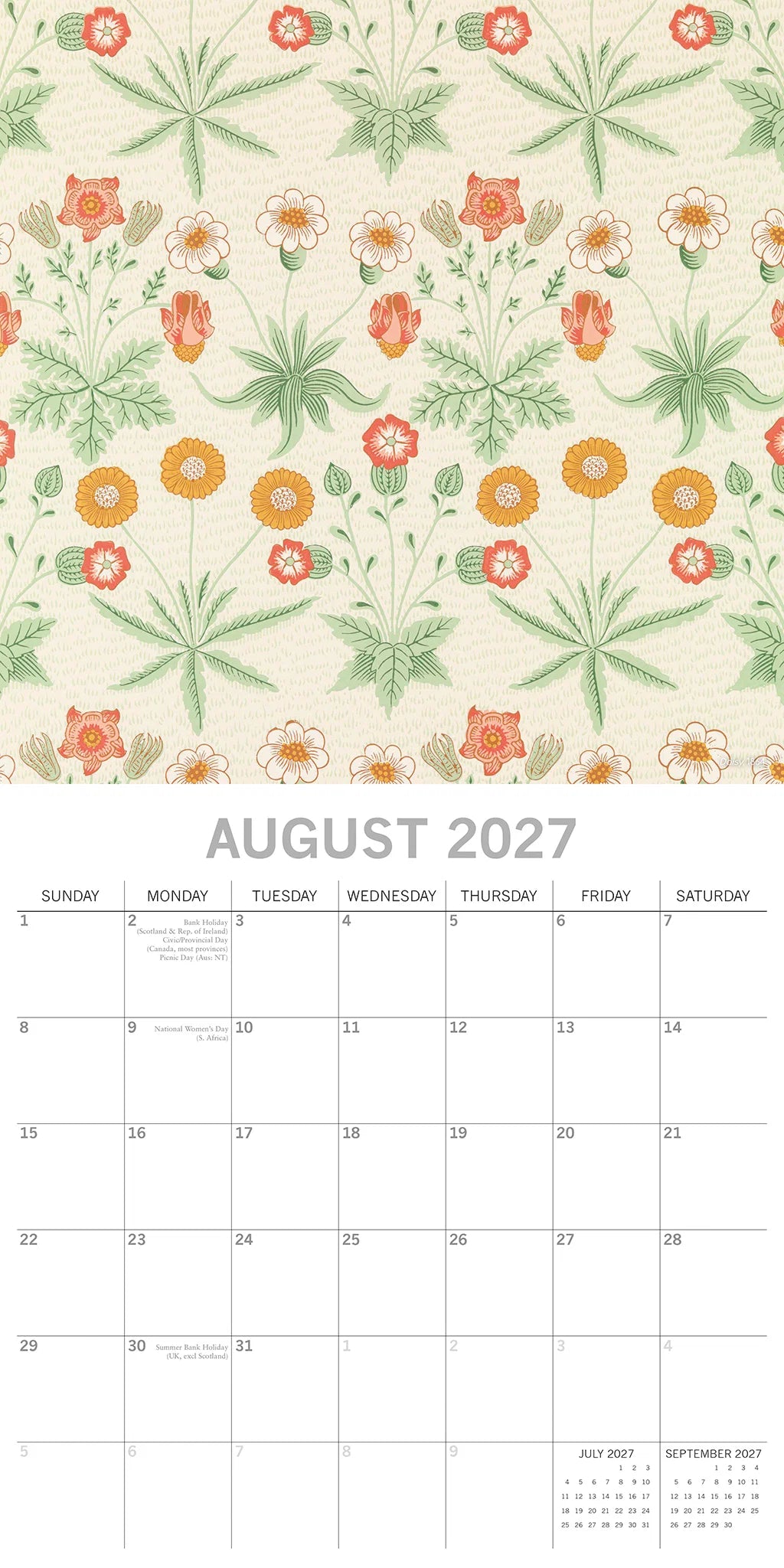 William Morris 2027 Calendar - August 2027 page featuring the Marigold pattern with orange and red flowers on cream background with large date grid
