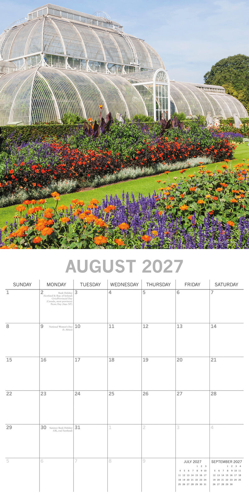 Beautiful Gardens 2027 Square Wall Calendar – January 2027 lifestyle shot featuring a formal fountain garden displayed on a kitchen wall