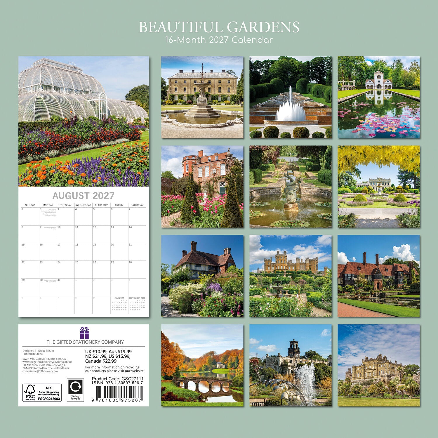 Beautiful Gardens 2027 Square Wall Calendar – back cover showing 12 monthly British garden photography previews on sage green background with product details