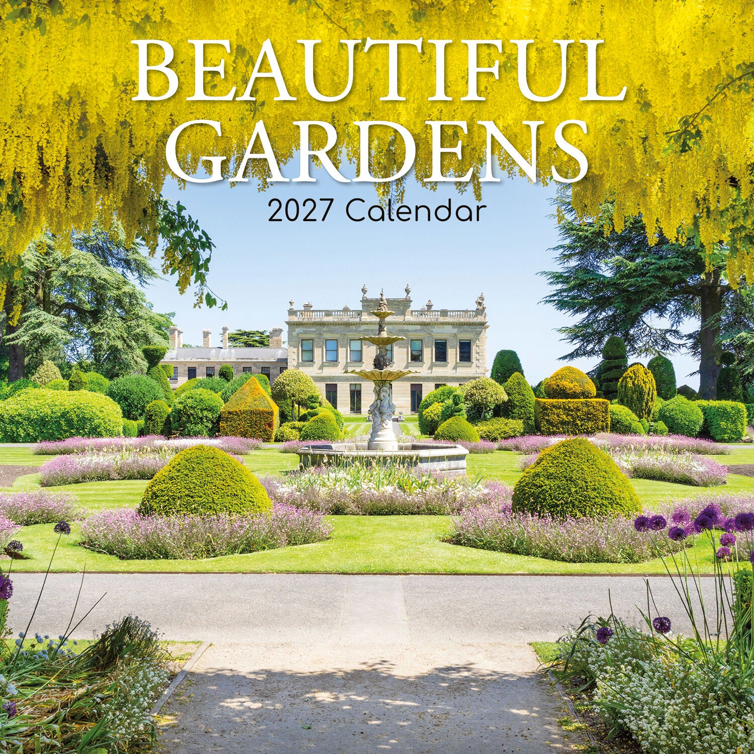 Beautiful Gardens 2027 Square Wall Calendar – August 2027 page featuring the Palm House glasshouse and colourful flower borders at Kew Gardens
