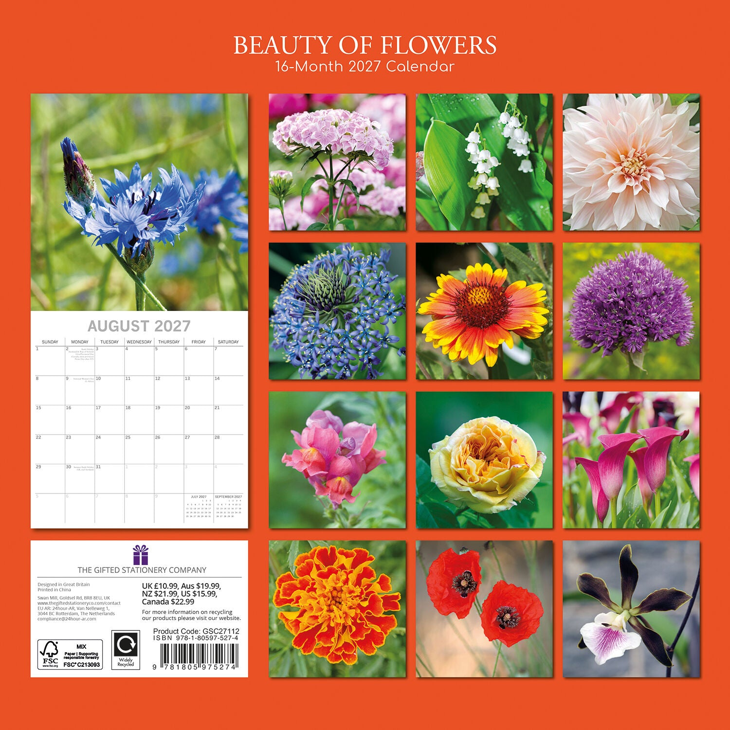 Beauty of Flowers 2027 Square Wall Calendar - August 2027 month page with cornflower photography