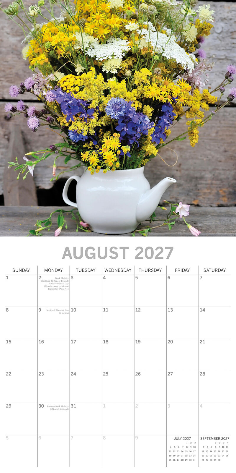 Floral Collection 2027 Square Wall Calendar - August 2027 month page with wildflower teapot arrangement