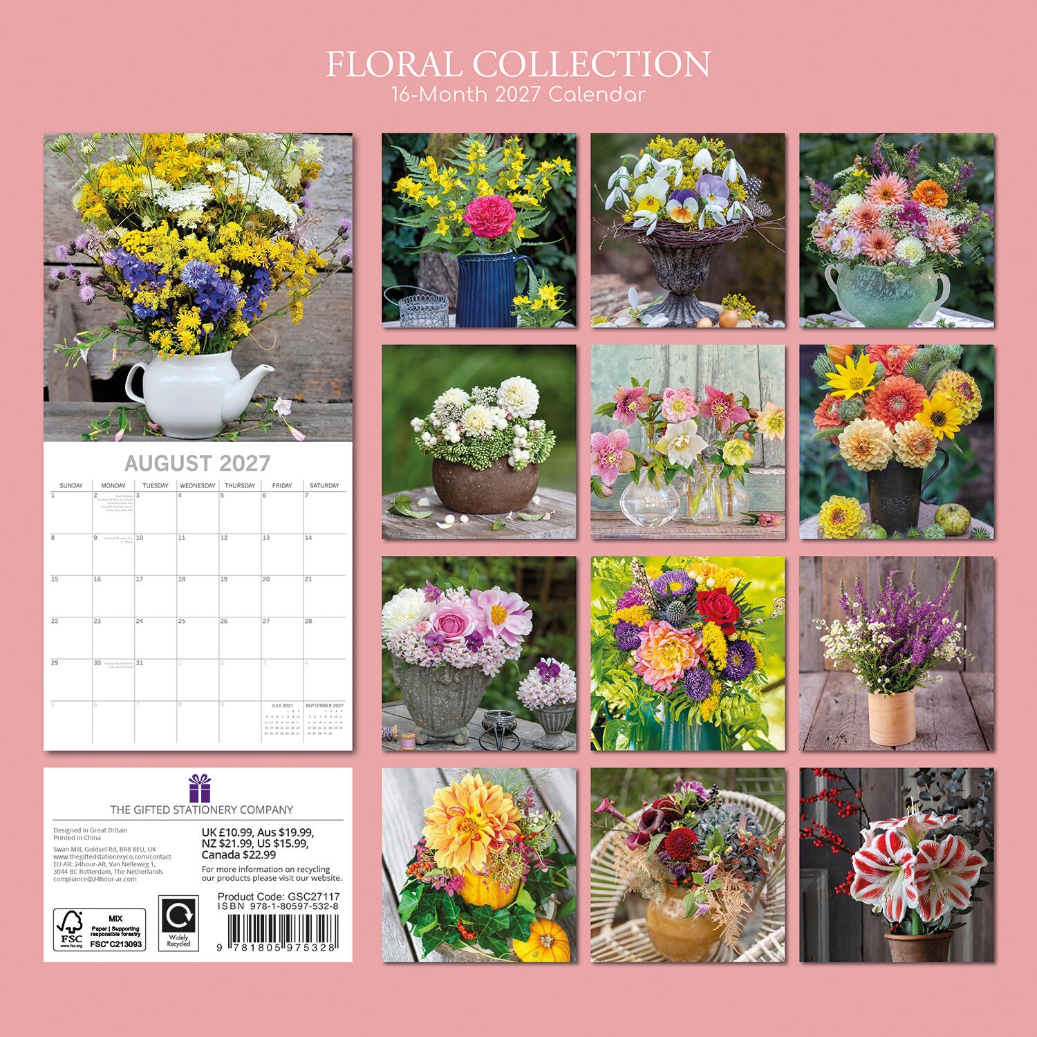 Floral Collection 2027 Square Wall Calendar - Back cover showing 12 floral arrangement thumbnails