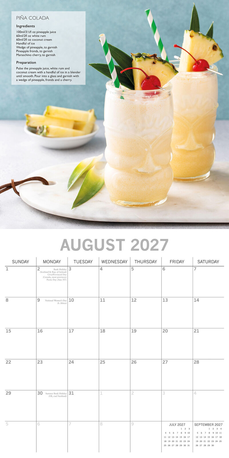 Cocktails 2027 Calendar – January 2027 lifestyle shot in kitchen featuring Whiskey Sour with orange peel and thyme garnish