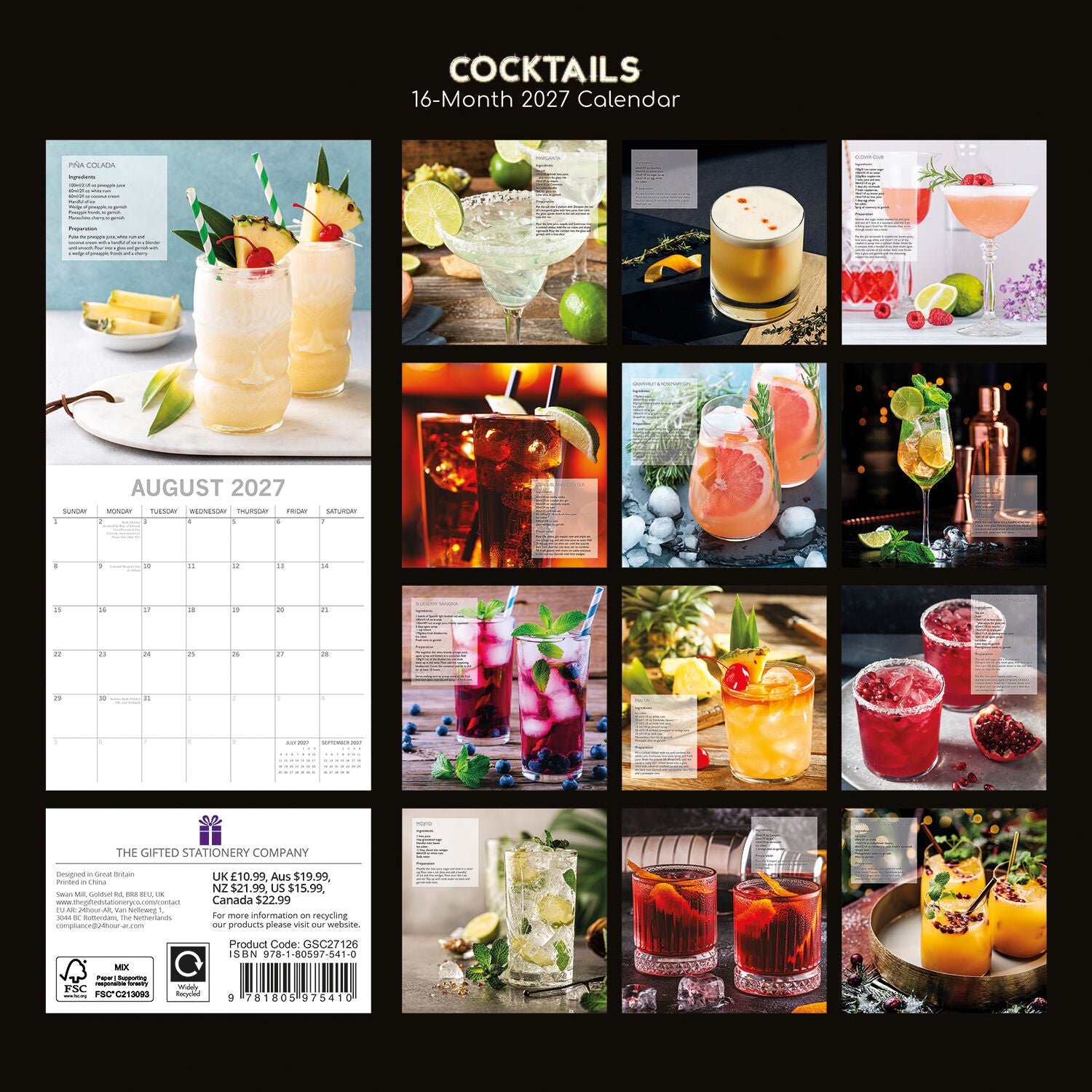 Cocktails 2027 Calendar – back cover showing all 16 monthly cocktail thumbnails including Pina Colada, Margarita, Clover Club and Blueberry Sangria with recipes