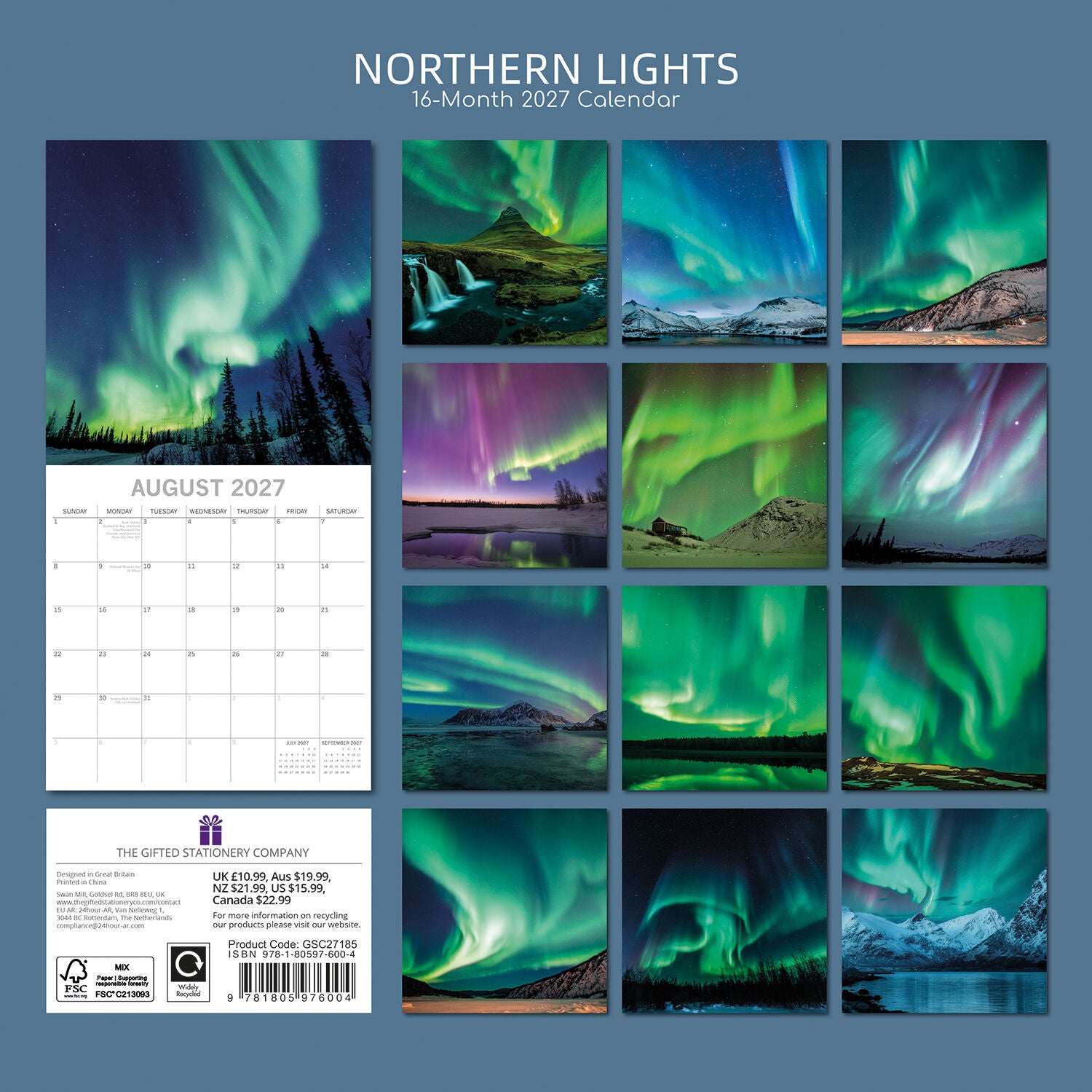 Northern Lights 2027 Calendar – back cover on slate blue background showing all 16 monthly Aurora Borealis thumbnails including Iceland waterfall, purple aurora, and snowy cabin scenes