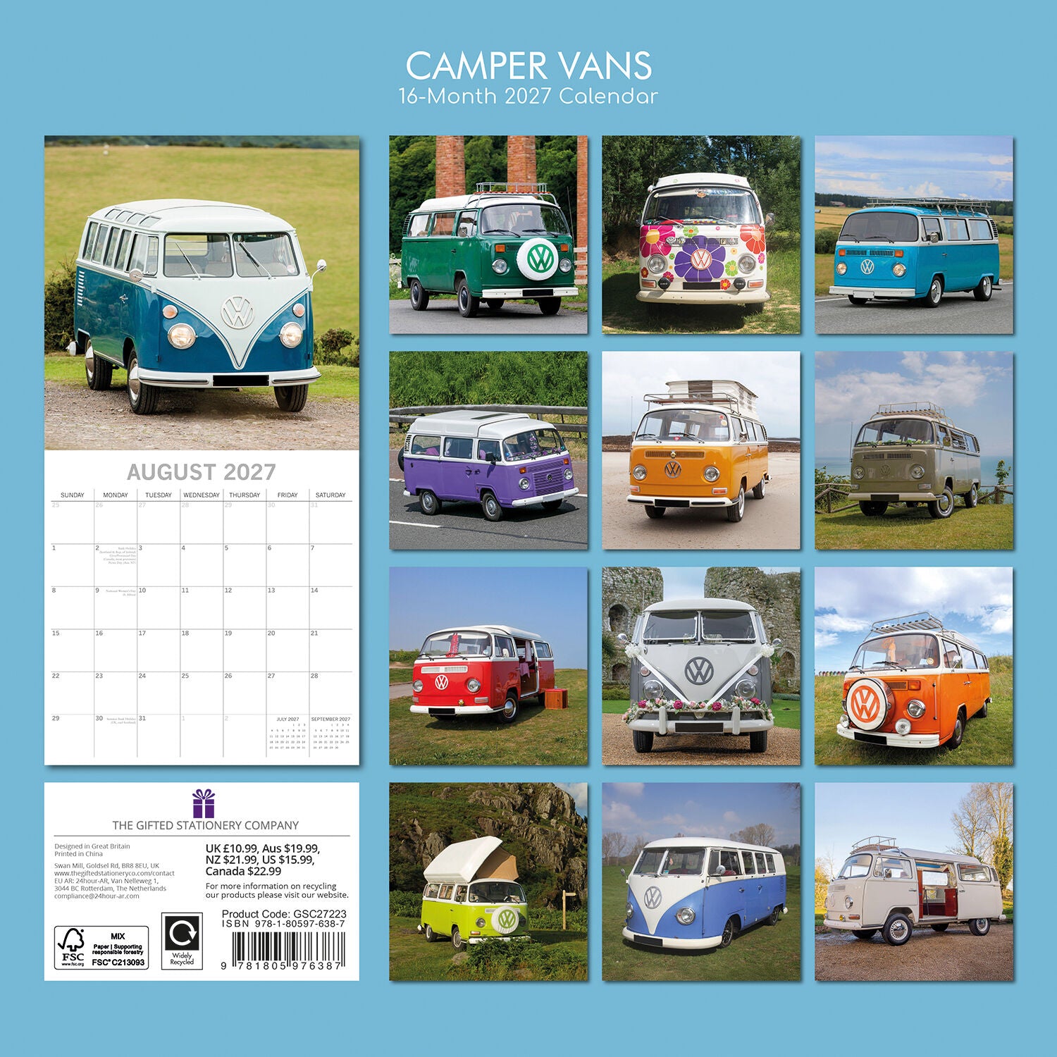 Camper Vans 2027 Calendar – back cover on sky blue background showing all 16 monthly VW campervan thumbnails including teal Split Screen, flower-power hippie van, purple Bay Window, yellow pop-top, red, white wedding and lime green campervans