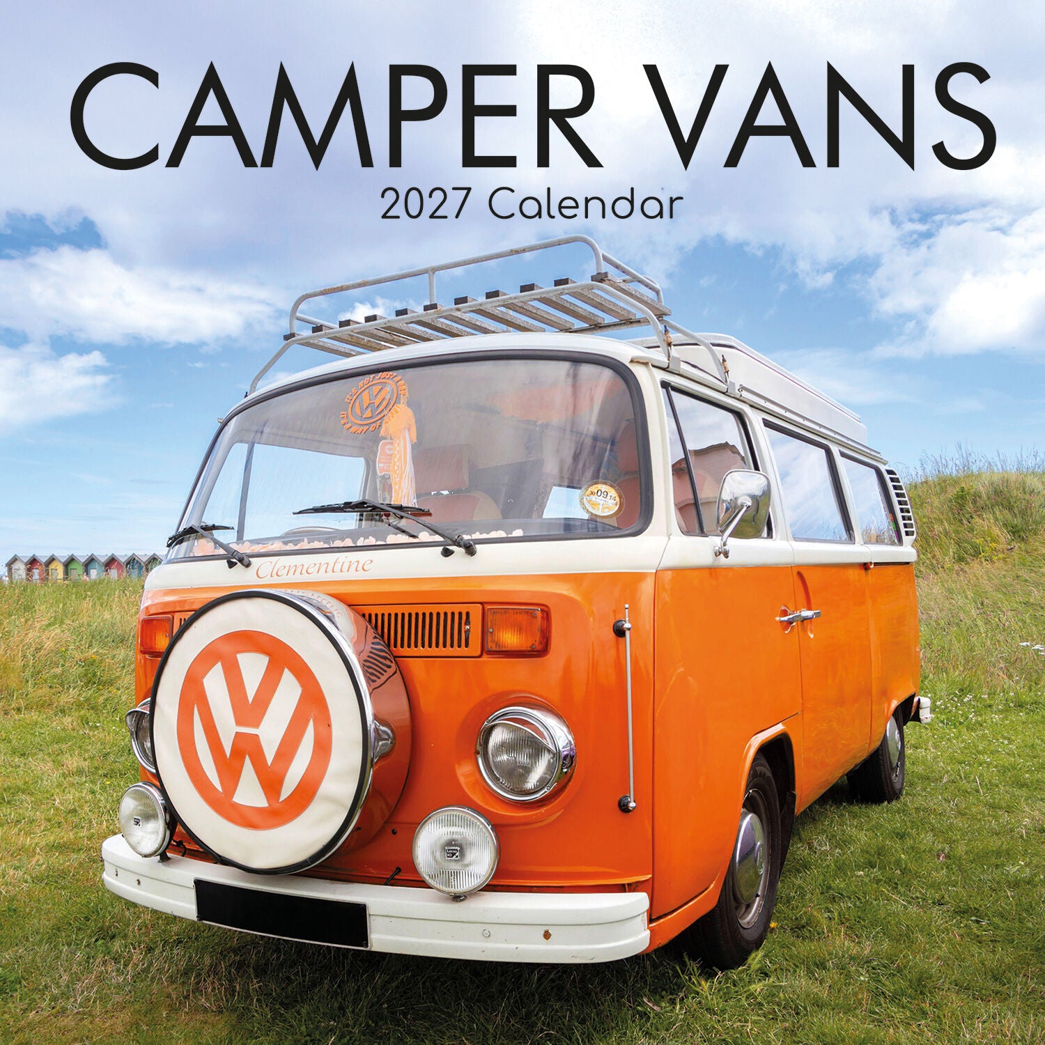 Camper Vans 2027 Calendar – August 2027 page featuring pristine teal and white VW Split Screen Bus parked on gravel country lane with green fields behind