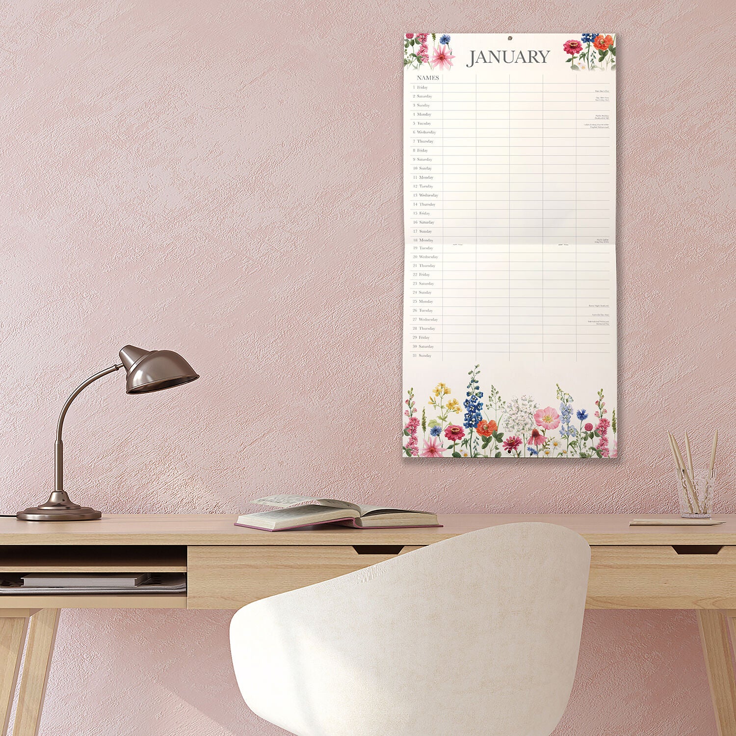 Wild Harmony Family Organiser 2027 Calendar - front cover with delicate watercolour wildflowers including poppies, cornflowers, delphiniums, alliums and daisies with blue dragonfly on cream background