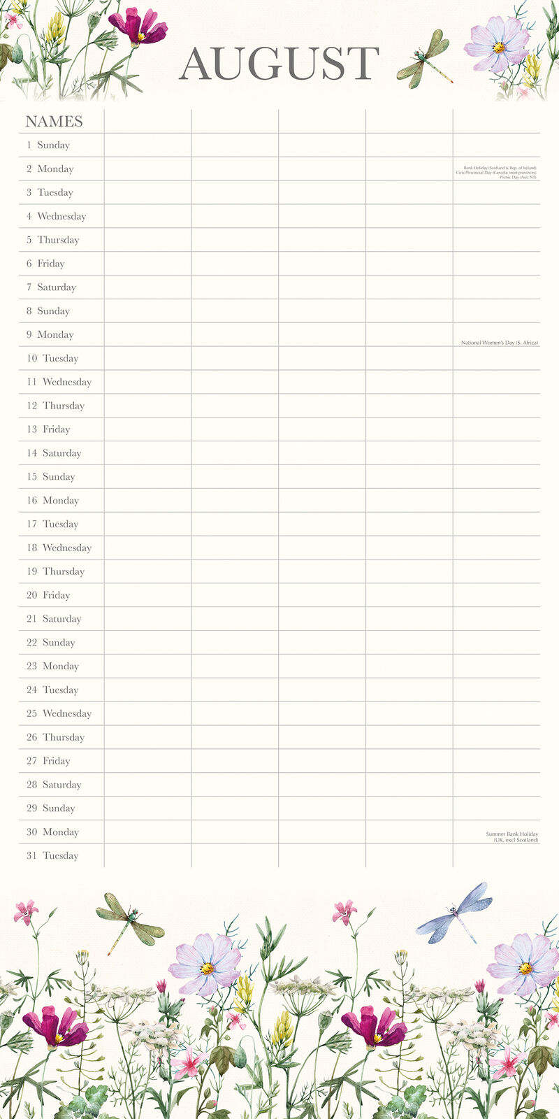 Wild Harmony Family Organiser 2027 Calendar - close-up of August 2027 page showing full date row layout with NAMES header, 5 columns, wildflower top and bottom borders with dragonflies