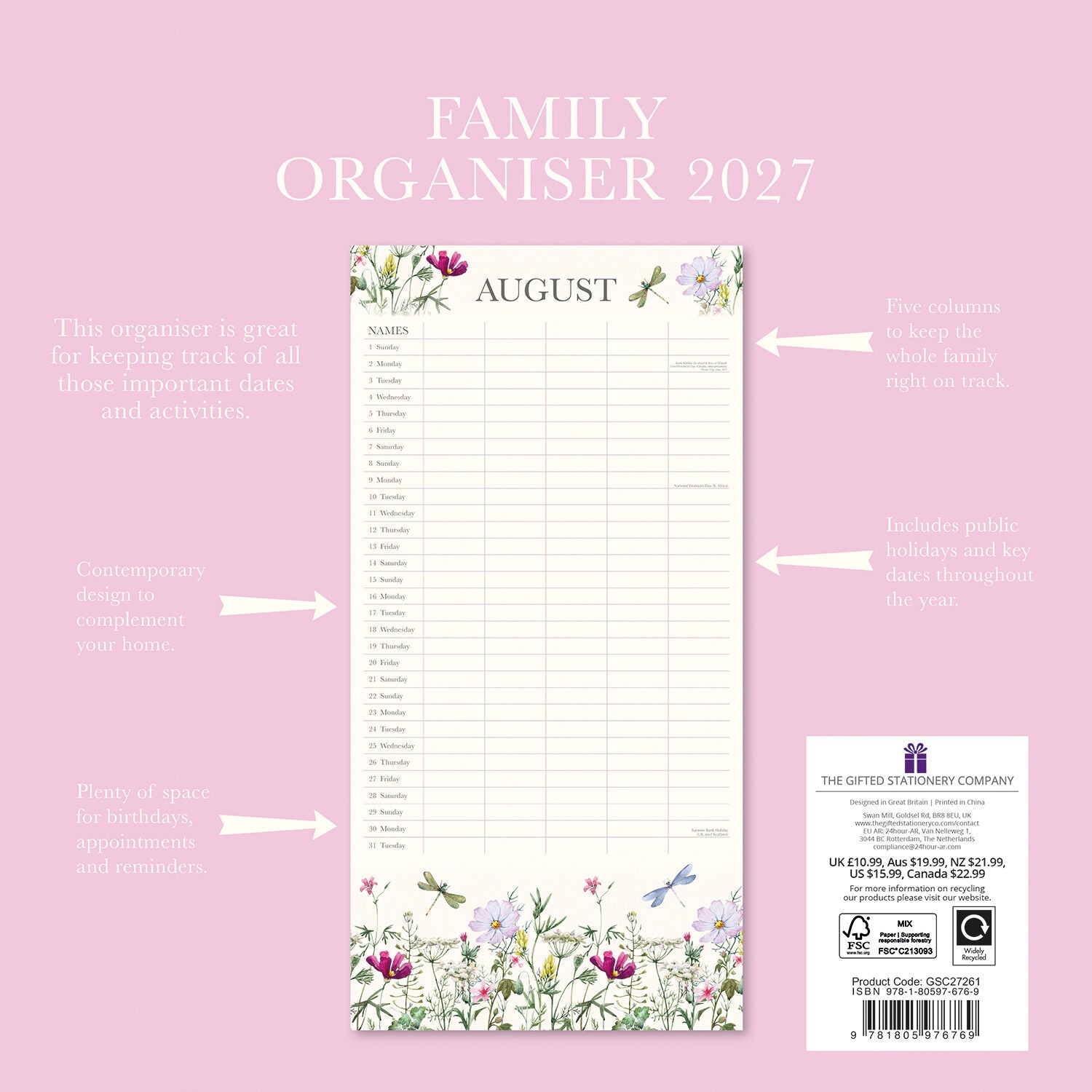 Wild Harmony Family Organiser 2027 Calendar - promotional image on pink background showing August 2027 page with 5 named columns and wildflower border, highlighting five columns for whole family, public holidays, and space for birthdays and appointments
