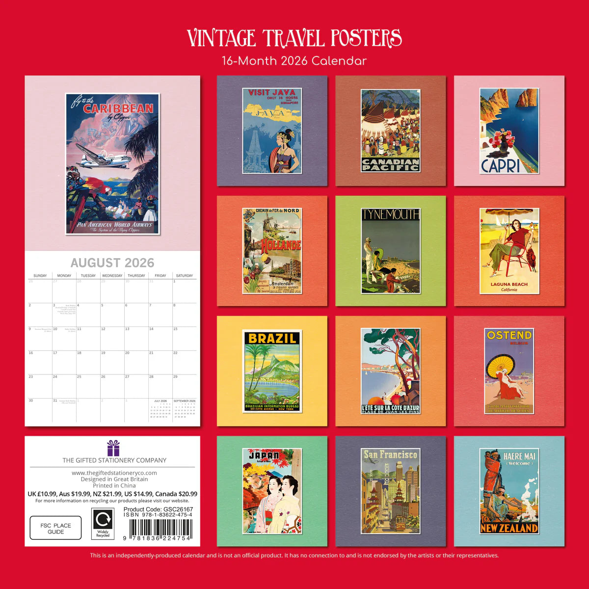 2026 Vintage Travel Posters Square Wall Calendar | The Gifted Stationery Co. (GSC26167)