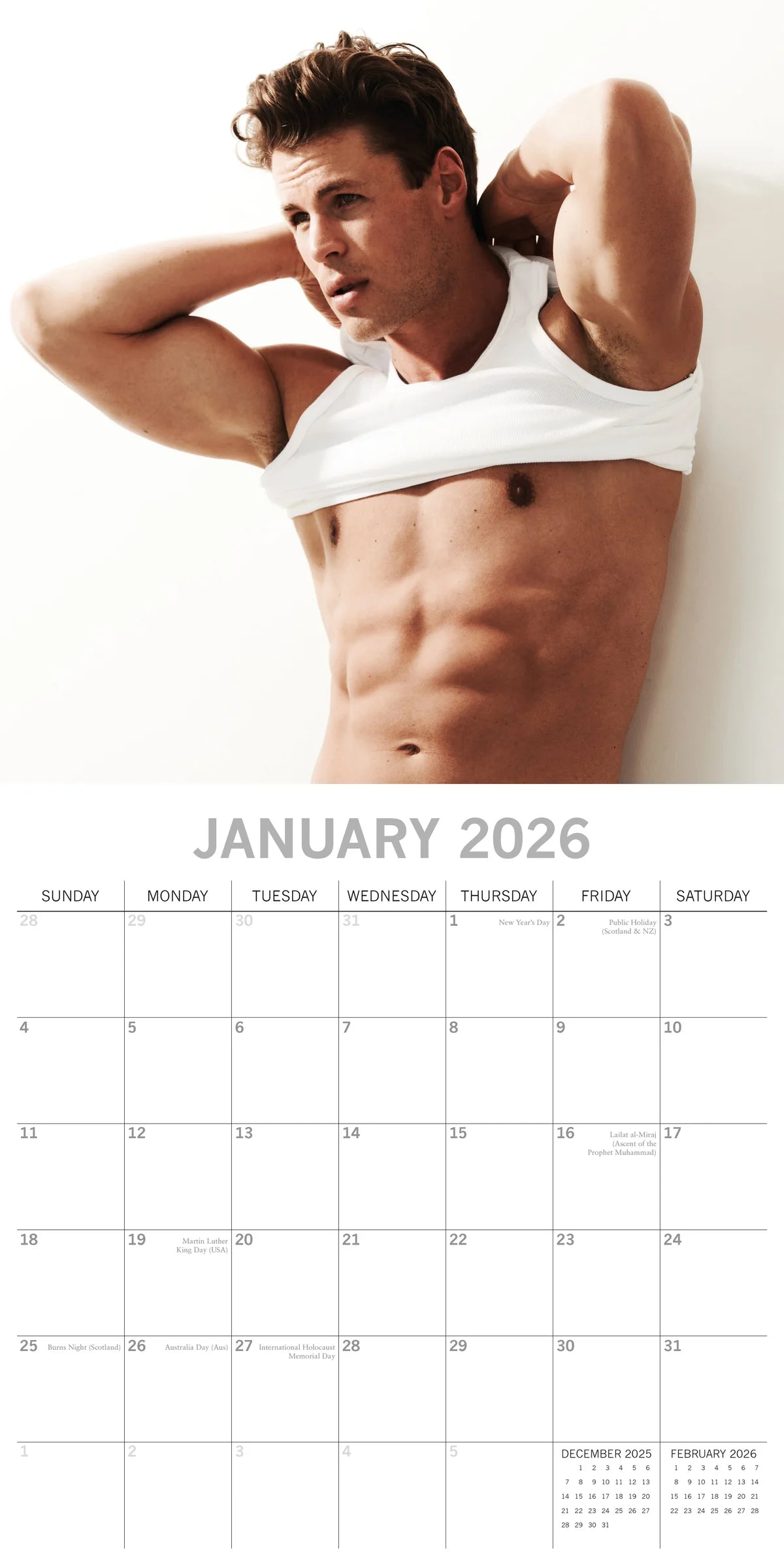 2026 Hot Shirtless Men Square Wall Calendar – 16-Month, Large Date Grid | The Gifted Stationery Co. (GSC26415)