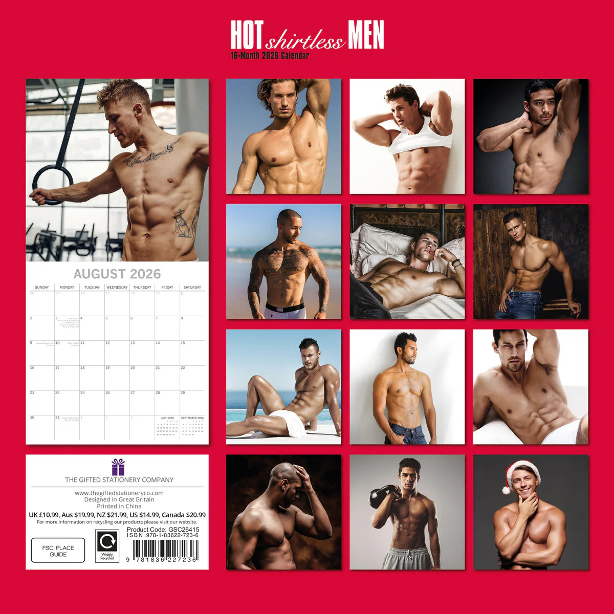 2026 Hot Shirtless Men Square Wall Calendar – 16-Month, Large Date Grid | The Gifted Stationery Co. (GSC26415)