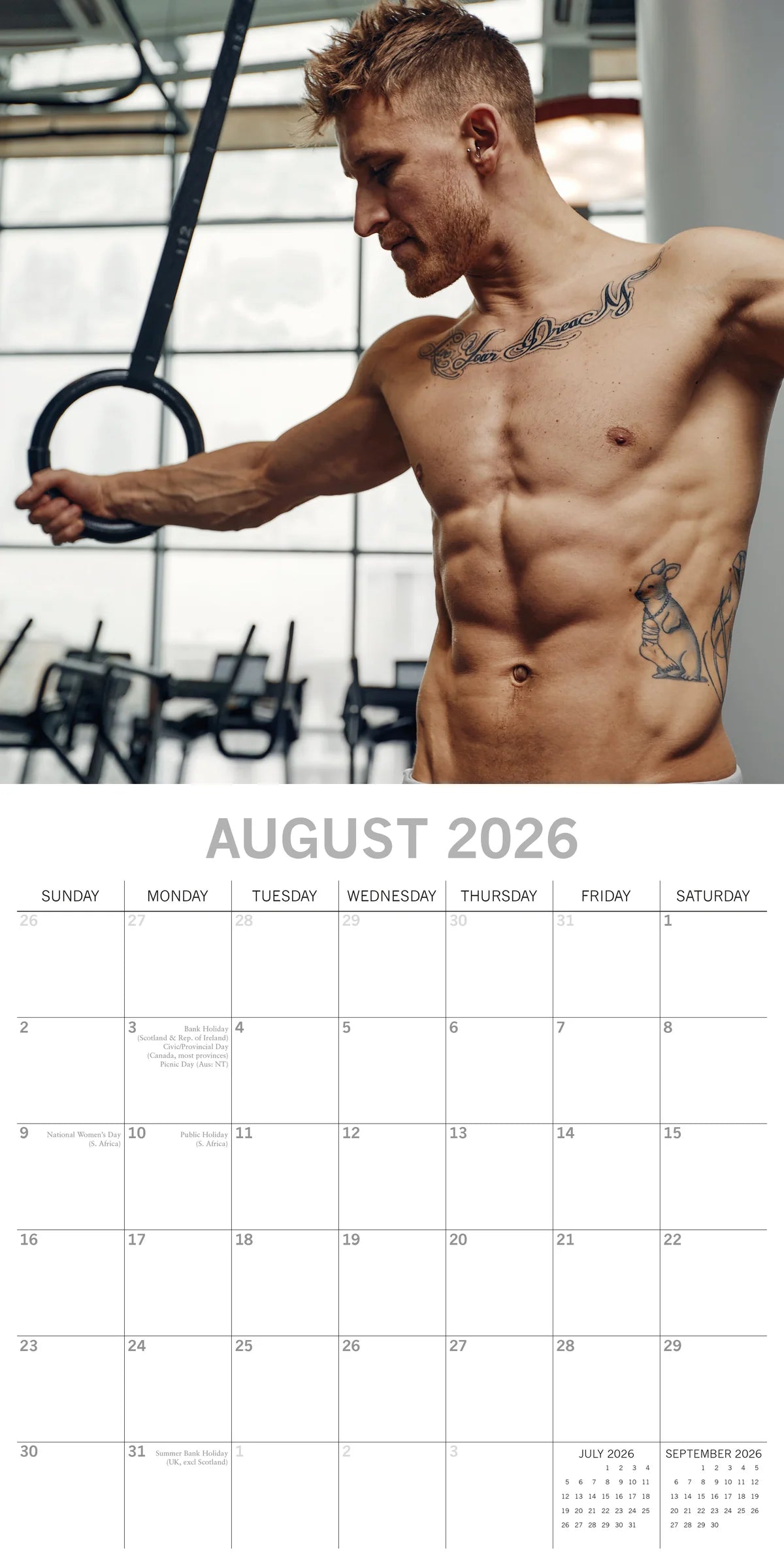 2026 Hot Shirtless Men Square Wall Calendar – 16-Month, Large Date Grid | The Gifted Stationery Co. (GSC26415)