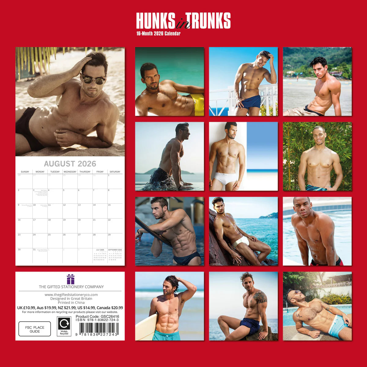 2026 Hunks in Trunks Square Wall Calendar – 16-Month, Large Date Grid | The Gifted Stationery Co. (GSC26416)