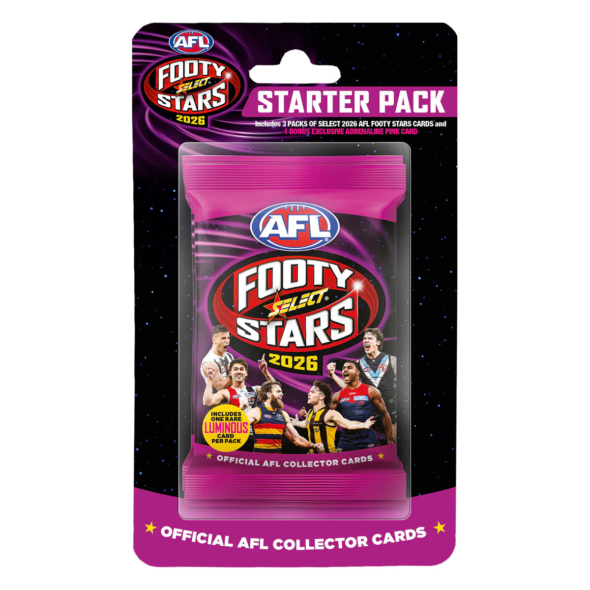 2026 AFL Footy Stars Starter Pack (includes 3 packs & 1 limited edition exclusive adrenaline pin card)