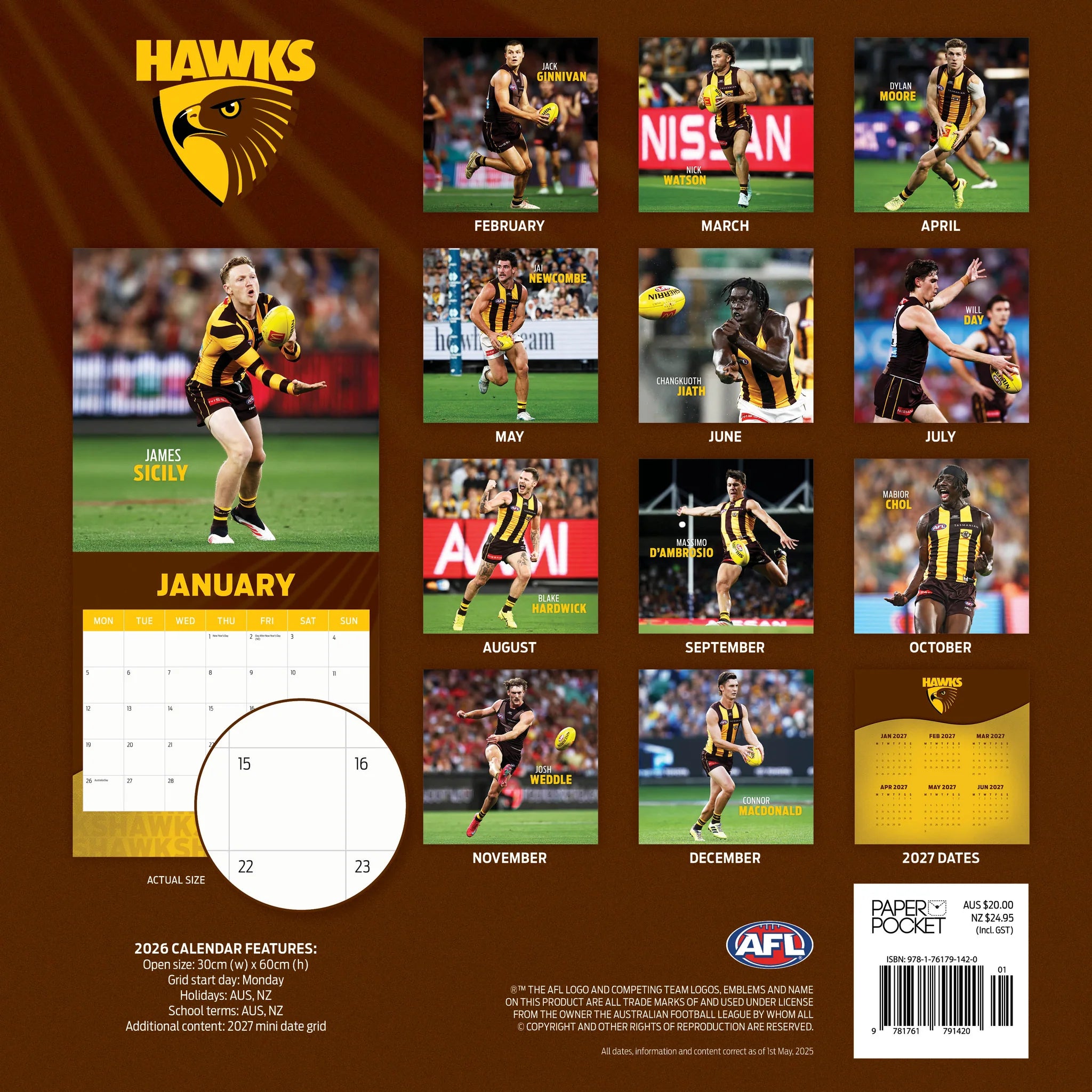 Paper Pocket AFL Hawthorn Hawks 2026 Calendar