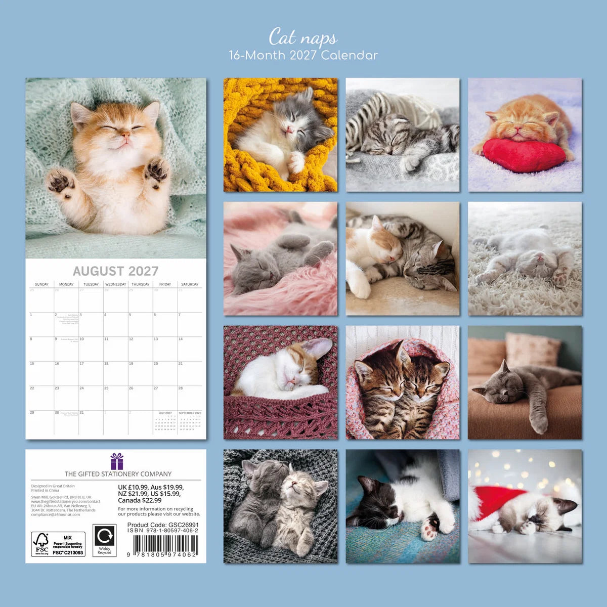 Cat Naps 2027 Square Wall Calendar – back cover showing 12 monthly sleeping cat photography previews on blue background