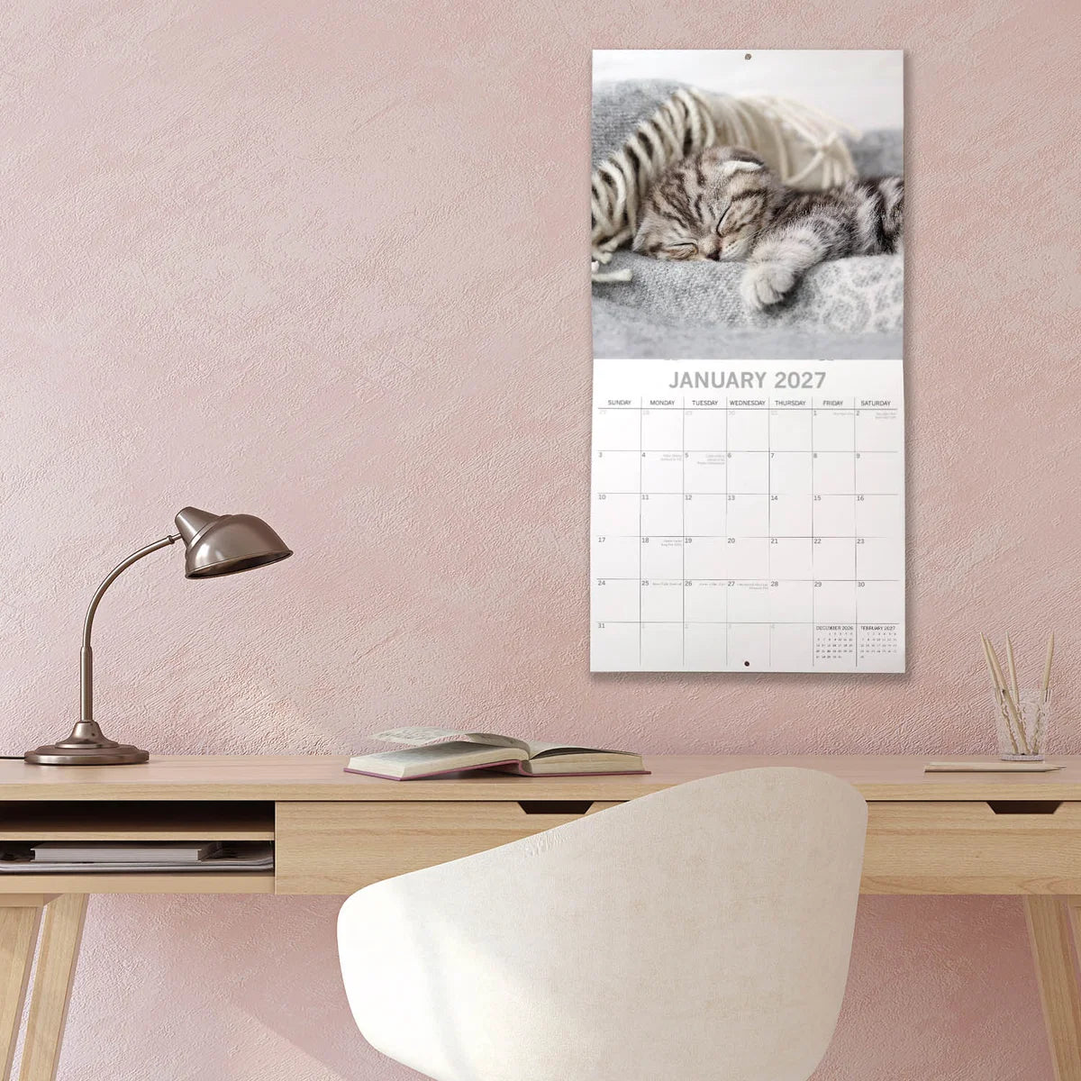 Cat Naps 2027 Square Wall Calendar – January 2027 lifestyle shot featuring a tabby cat sleeping on a grey blanket displayed on a pink study wall