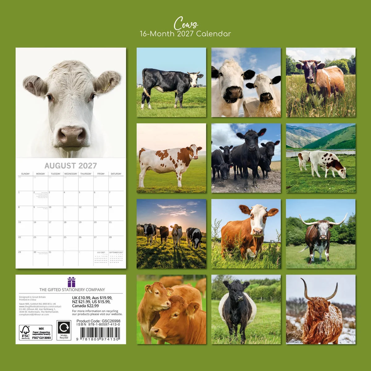 Cows 2027 Square Wall Calendar – back cover showing 12 monthly cow photography previews on green background