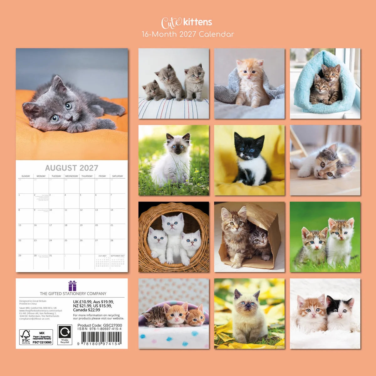 Cute Kittens 2027 Calendar - back cover on peach background showing all 16 monthly kitten photos including British Shorthair, tabby, black & white, cream and white kittens, product code GSC27000