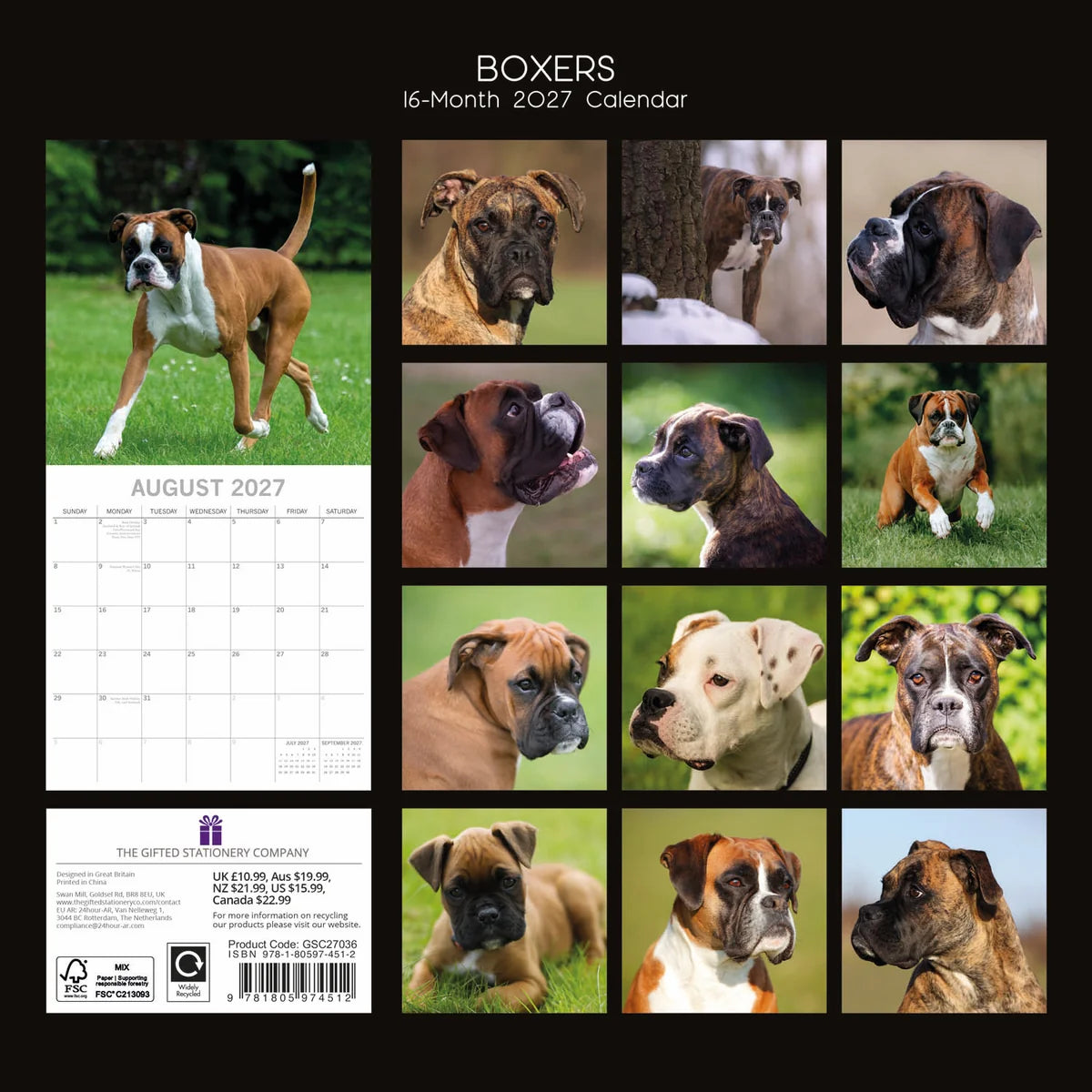 Boxers 2027 Calendar - back cover showing all 16 monthly photos and product details