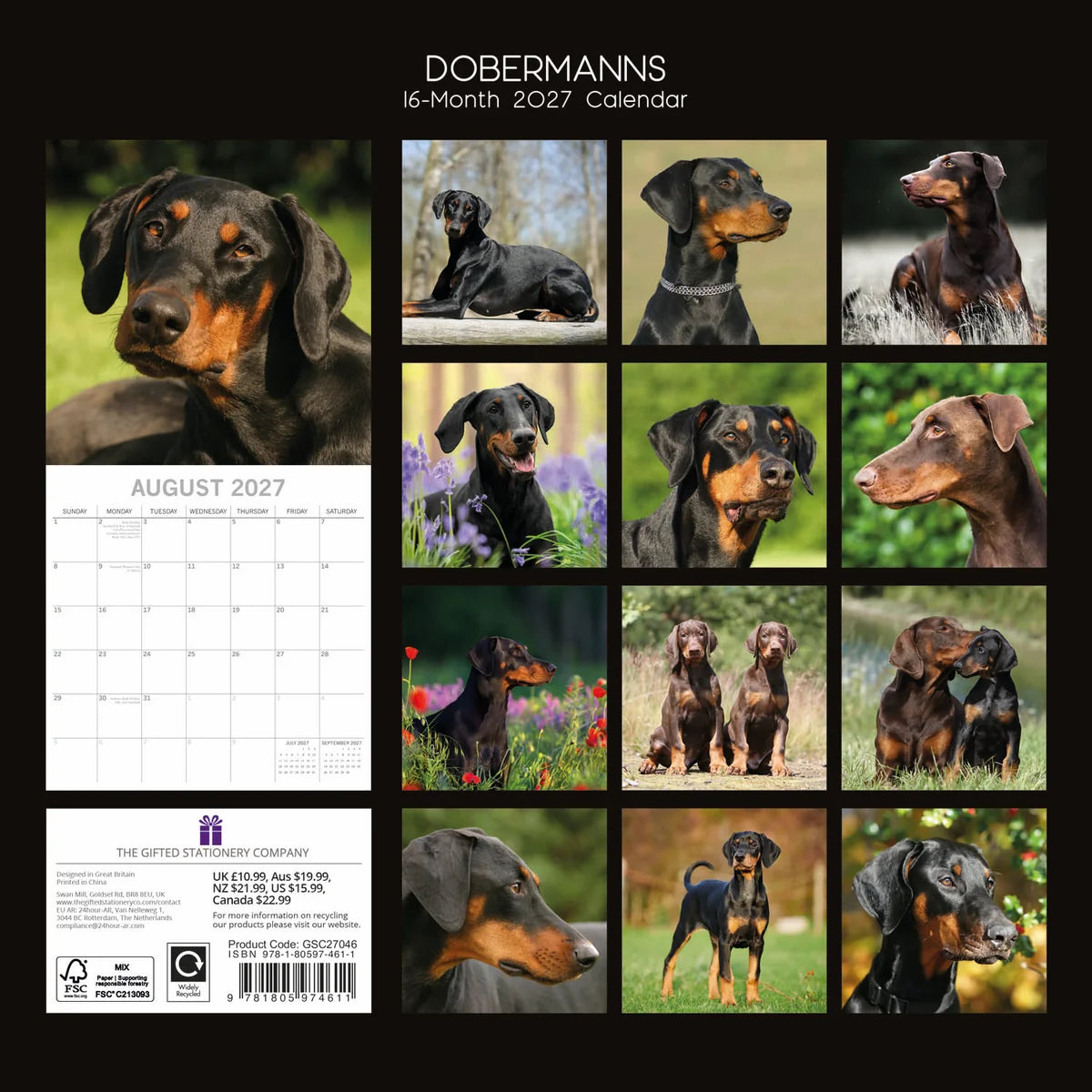 Dobermanns 2027 Calendar - back cover showing all 16 monthly photos and product details including GSC27046