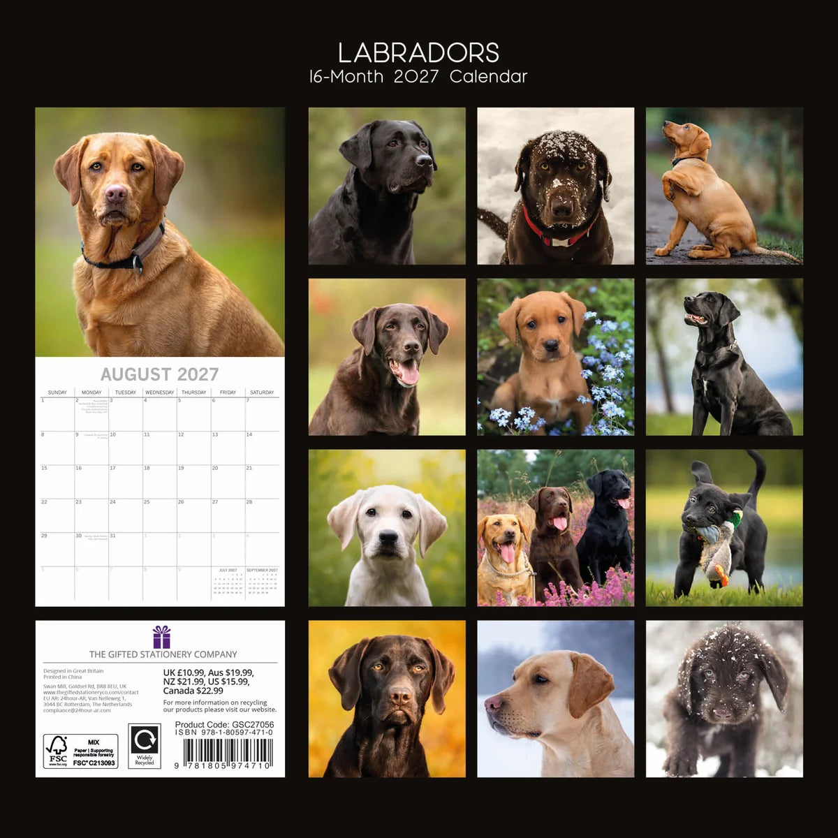 Labradors 2027 Calendar - back cover showing all 16 monthly photos and product details