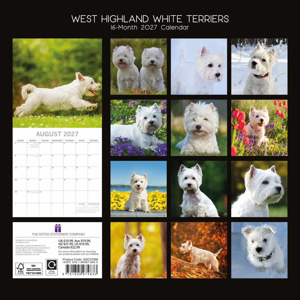 West Highland White Terriers 2027 Calendar - back cover showing all 16 monthly photos and product details