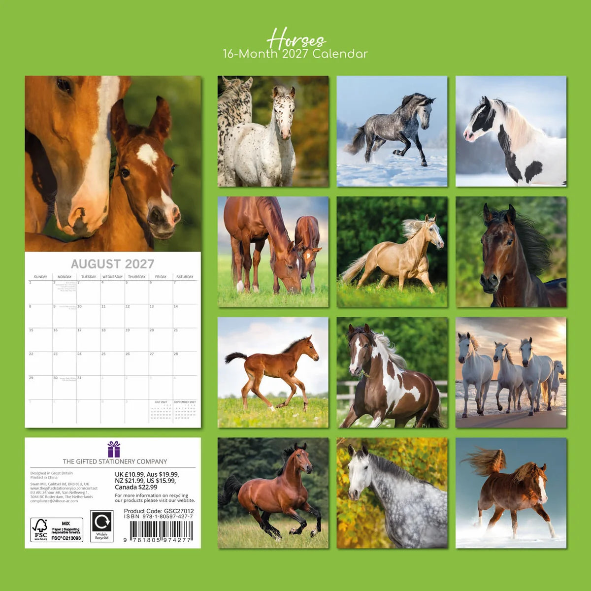 Horses 2027 Square Wall Calendar – back cover showing 12 monthly horse photography previews