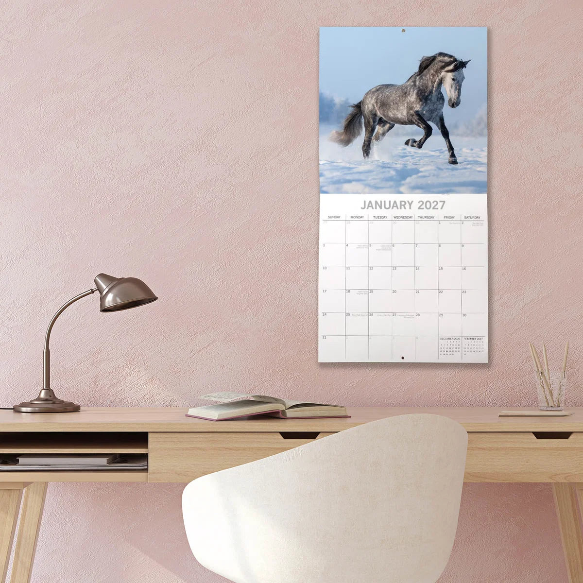 Horses 2027 Square Wall Calendar – January 2027 lifestyle shot featuring a grey horse in snow