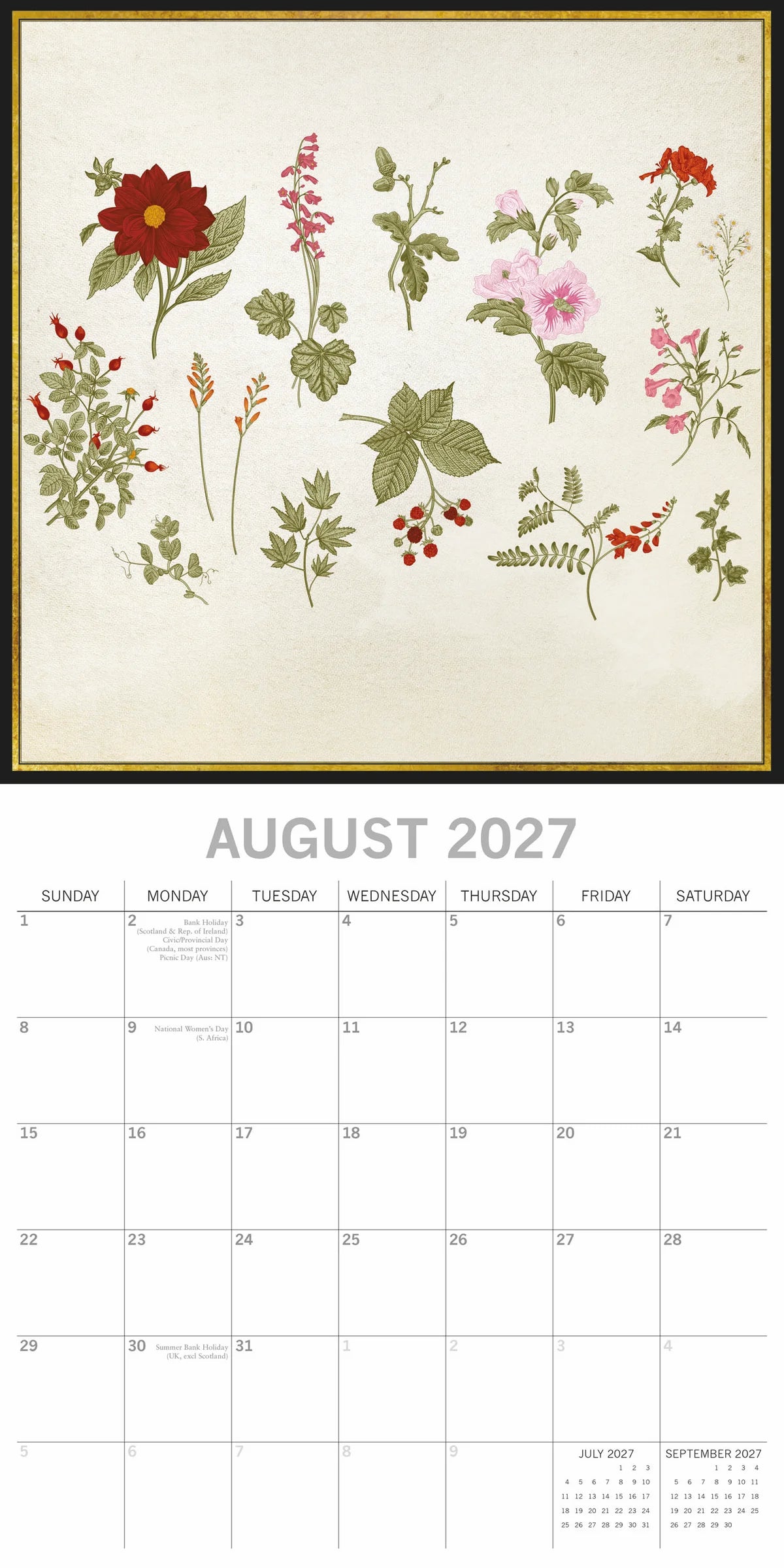 Botanicals 2027 Calendar – August 2027 page with botanical flower and plant illustrations